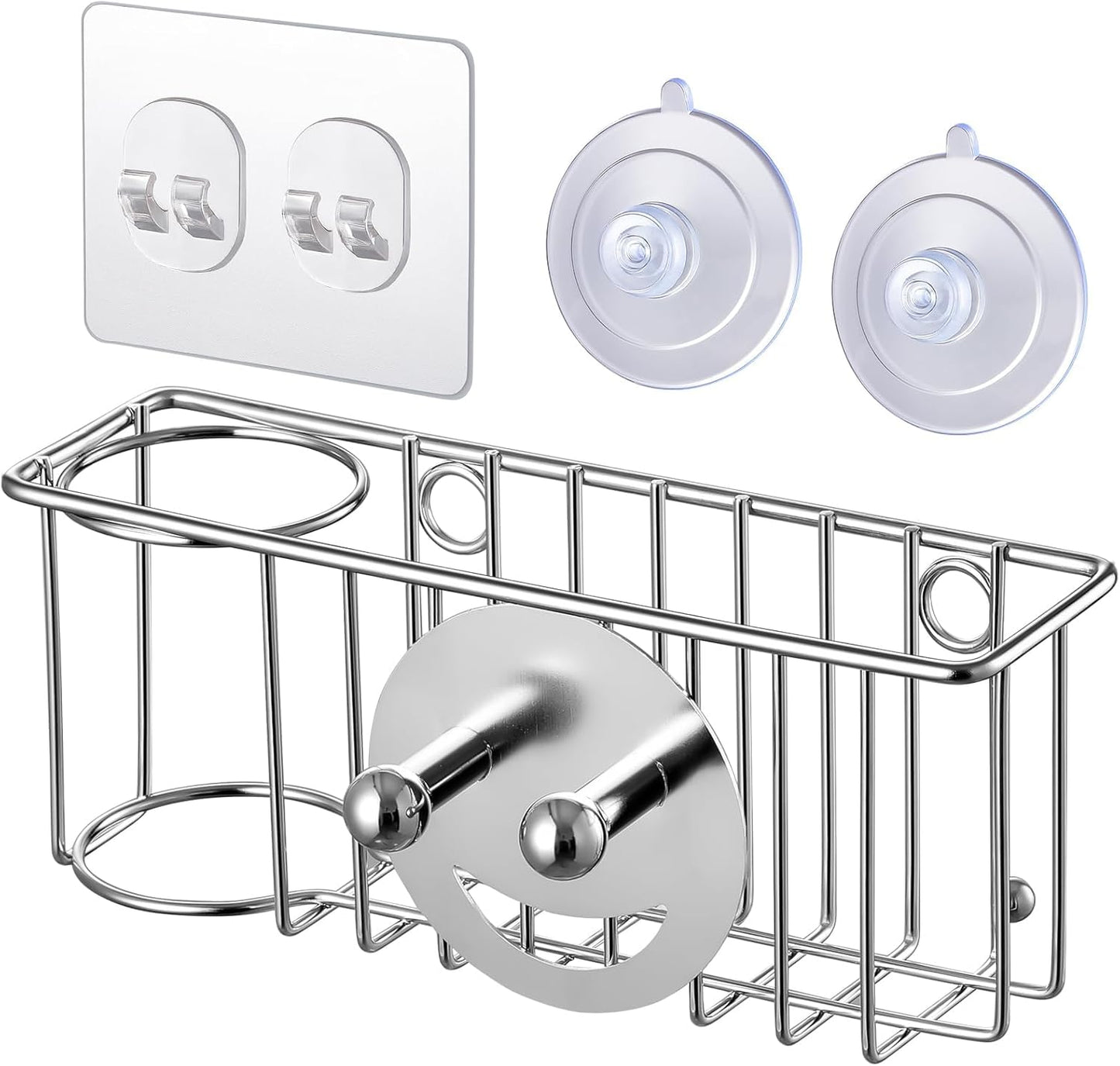 3-In-1 Sponge Holder for Kitchen Sink with Suction Cups & Adhesive Hook , In-sink Sponge Holder, Wall Hanging Sink Caddy Organizer Rack - Sponge, Dish Cloth, Brush, Scrubber - 304 Stainless Steel