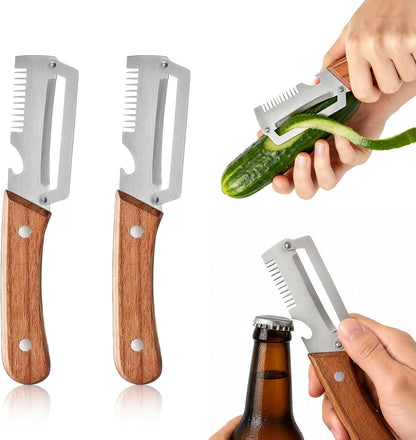 2 Pack Multi-Functional Stainless Steel Thickened Fruit Peeler Knife for Kitchen, Ultra-Sharp Blade with Wooden Handle and Bottle Opener, for Fruit Veggie that Need to Be Peeled