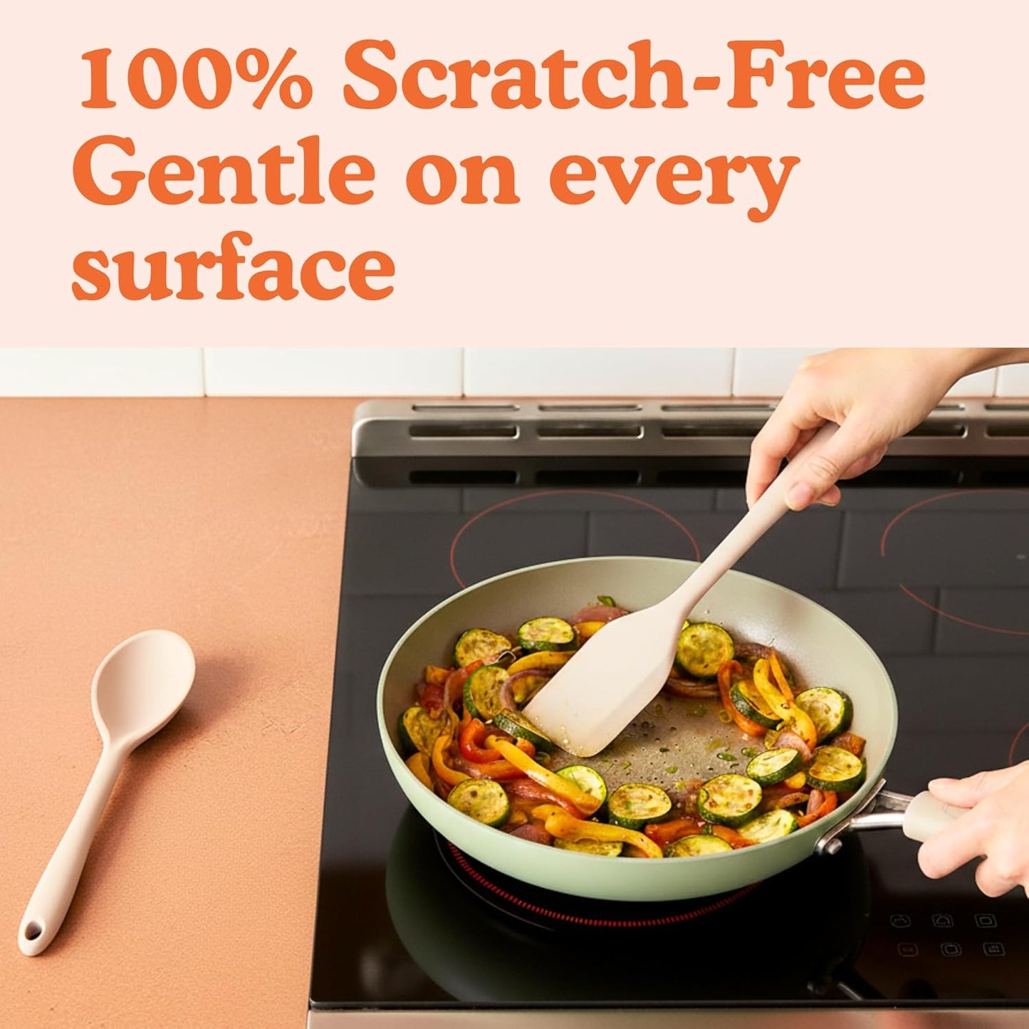 Non-Toxic Platinum Silicone Kitchen Utensil Set of 2 – Non-Scratch Cooking Spoon & Spatula, 100% Plastic Free, Stainless Steel Core, Heat Resistant 500°F, Beige