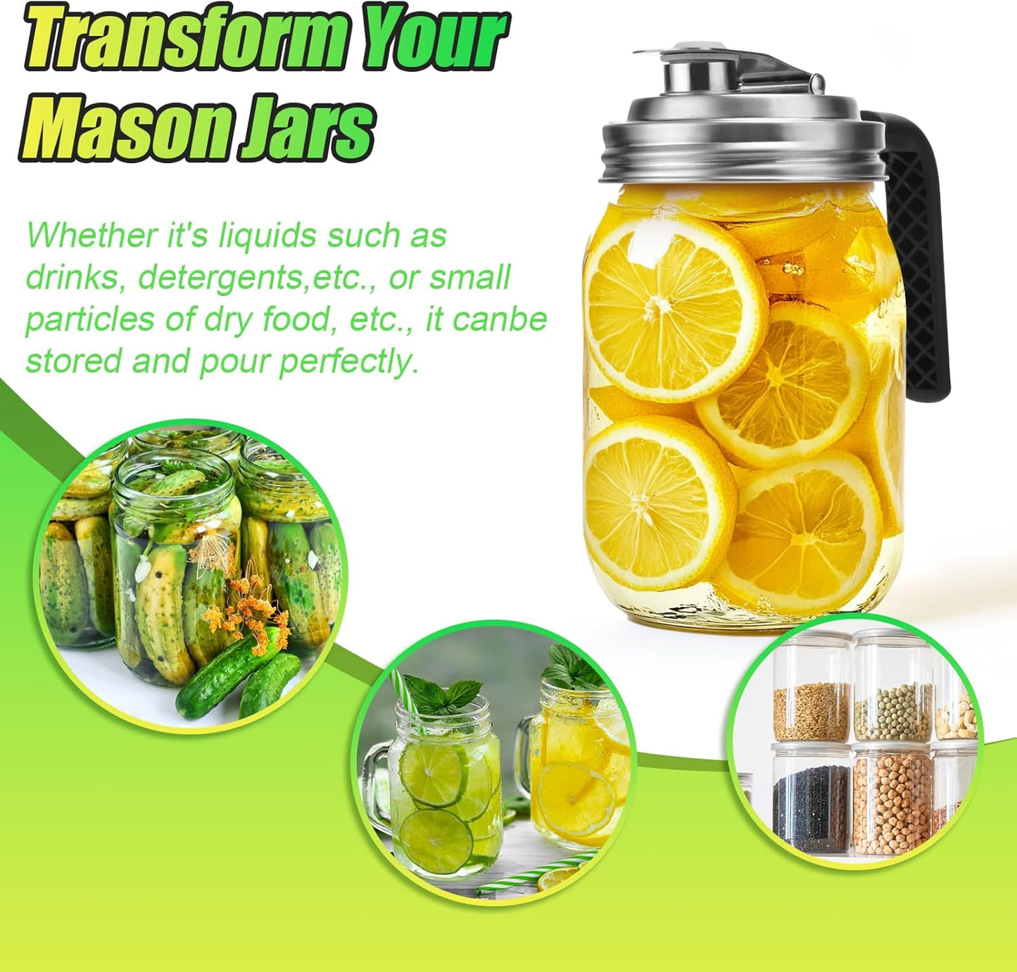 Mason Jar Pour Spout Lid Stainless Steel with Handle, Wide Mouth Pour Spout Flip Cap Lids for Mason Jars, Anticracking Leak Proof Seal Cover Airtight for Drinking Salad Dressing & Food Storing(2PCS)