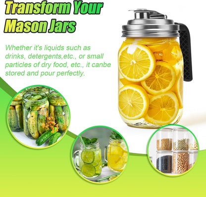 Mason Jar Pour Spout Lid Stainless Steel with Handle, Wide Mouth Pour Spout Flip Cap Lids for Mason Jars, Anticracking Leak Proof Seal Cover Airtight for Drinking Salad Dressing & Food Storing(2PCS)