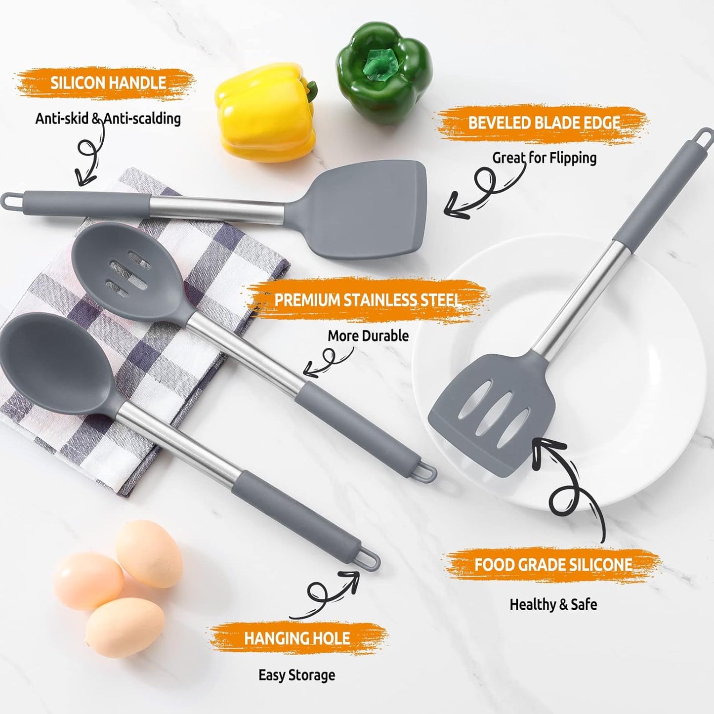 E-far Cooking Utensils Set of 4, Silicone Kitchen Utensils for Non-stick Cookware, Heat Resistant & Non-toxic Slotted Spatula Solid Spoon Turner for Flipping Mixing Serving Basting(Black)