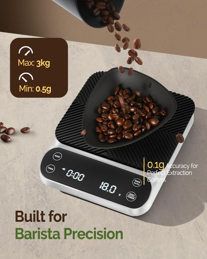 Maestri House S3 Coffee Scale with Timer, 3kg/0.1g Rechargeable Digital Scale, 3 Brew Modes, Adjustable Ratios & Flow Rate Display, Barista-Grade for Pour-Over, Espresso, French Press – Black
