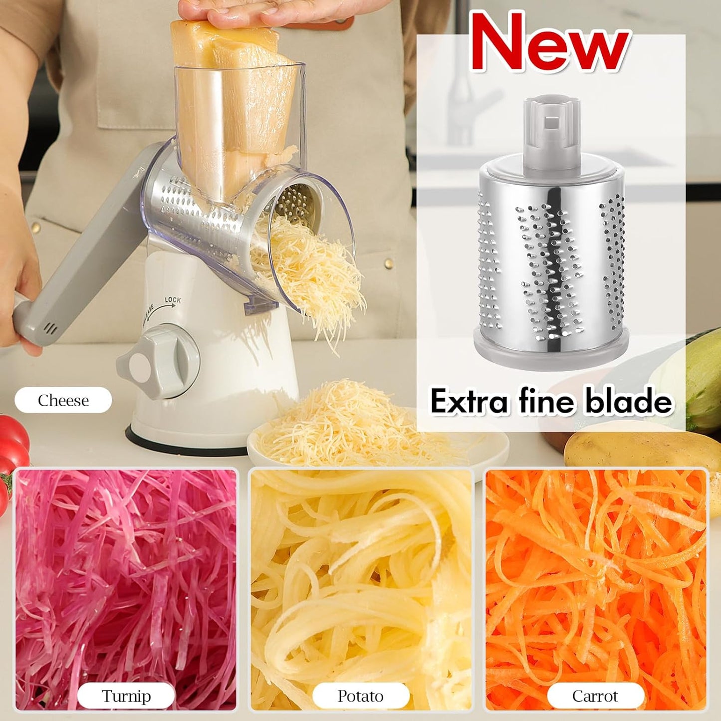 Ourokhome Rotary Cheese Grater Hand Crank, Kitchen Shredder Speed Mandolin Slicer Nut Grinder with Handle and Drum Blades for Cheese, Vegetable, Walnut, Chocolate, Potato, Carrot, 3 Blades, Dark Blue