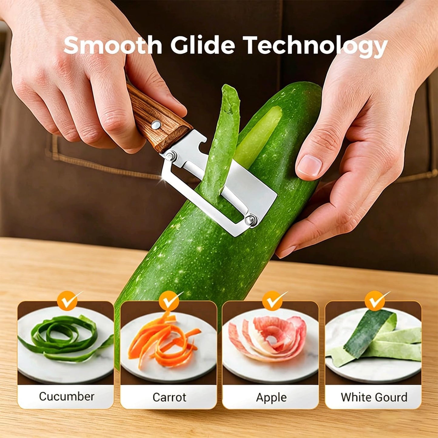 2-in-1 Multifunctional Vegetable Peeler, Premium Vegetable Peeler with Wooden Handle and Bottle Opener, Kitchen Tool for Fruit Apple Potato Pumpkin Papaya (1PC)