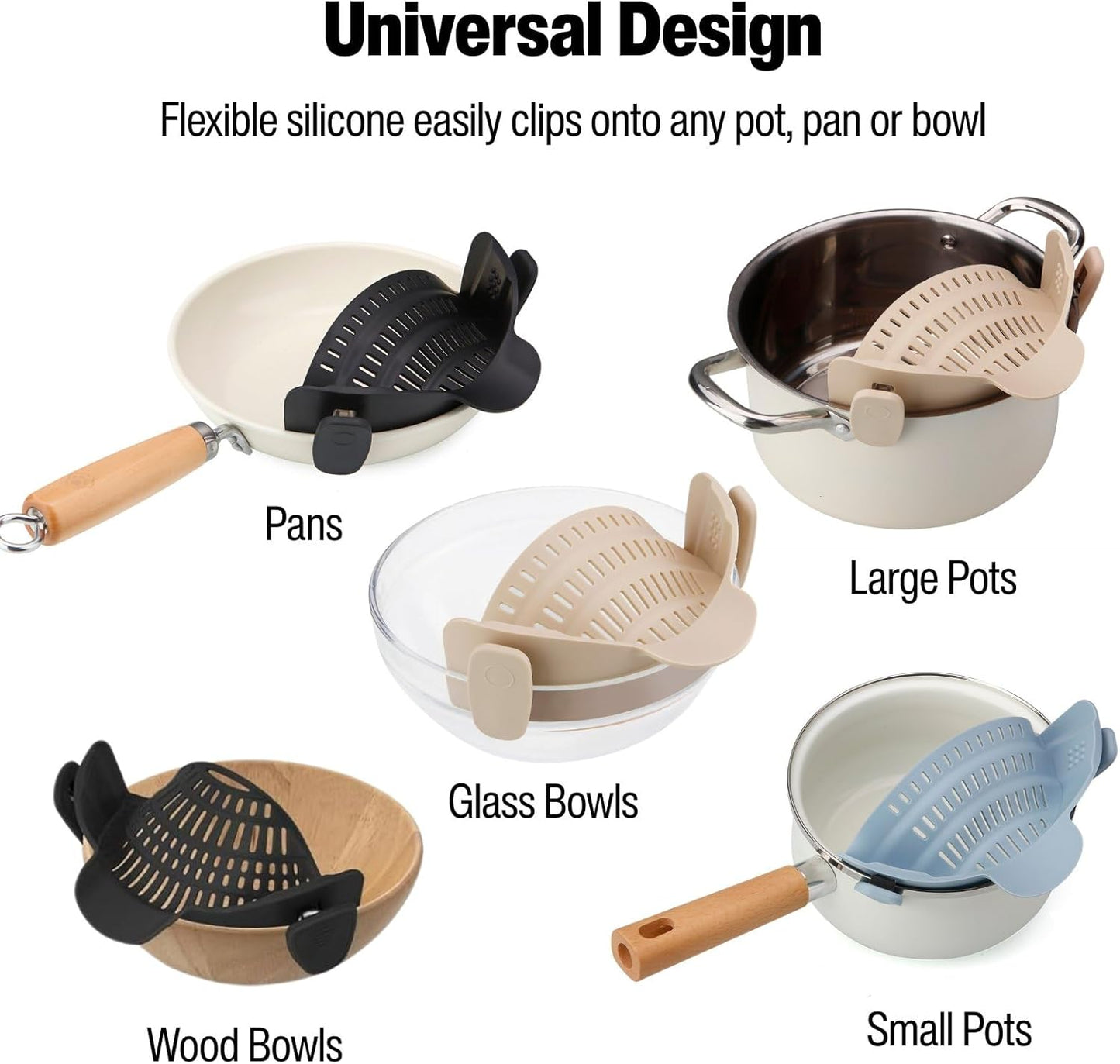 Silicone Pot Strainer, Emptycolor Adjustable Clip On Strainer for Pots Pans, Heat Resistant Pot Drainer, Kitchen Pasta Colander for Vegetables and Noodles (Grey)