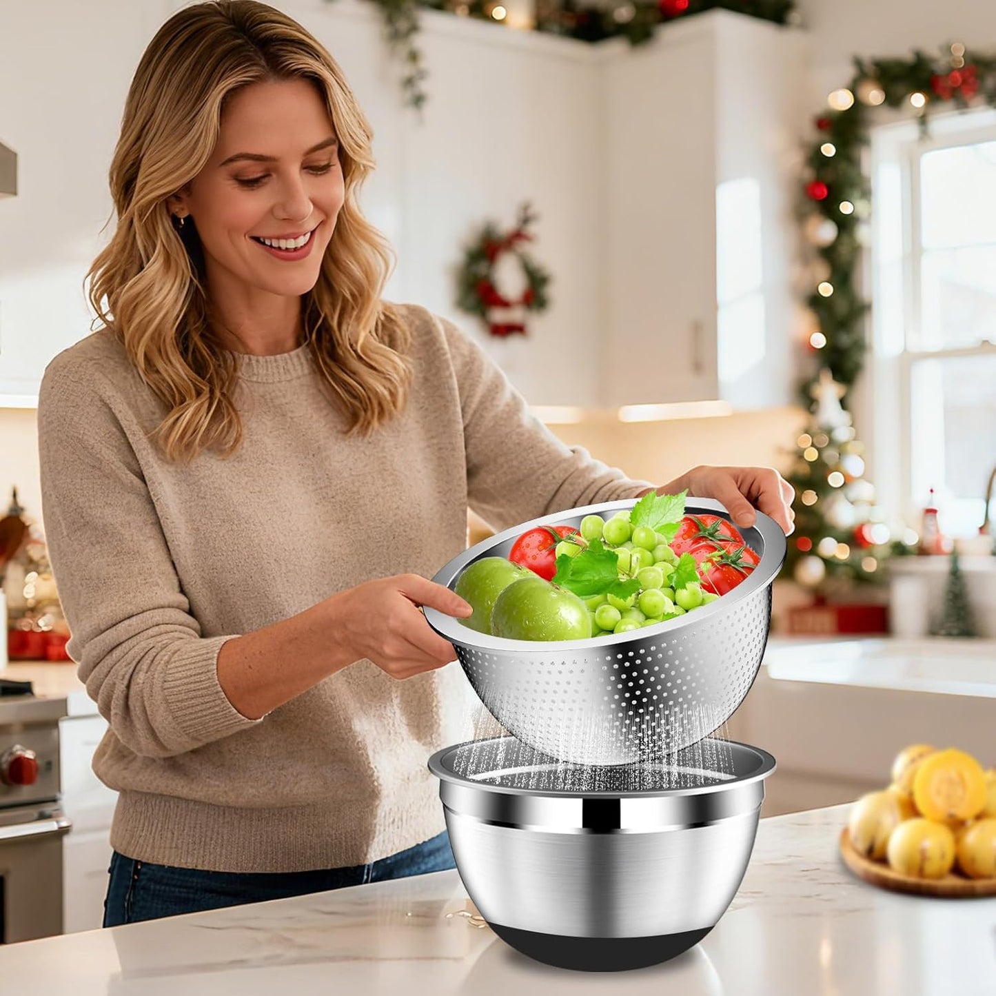 DUTZUN Mixing Bowls with Lids Set, Stainless Steel Mixing Bowls with Colander, Strainer with Mixing Bowl Set, Serving Bowl Kitchen Gift, Size 4.5, 2.5, 2, 1.5QT - Black