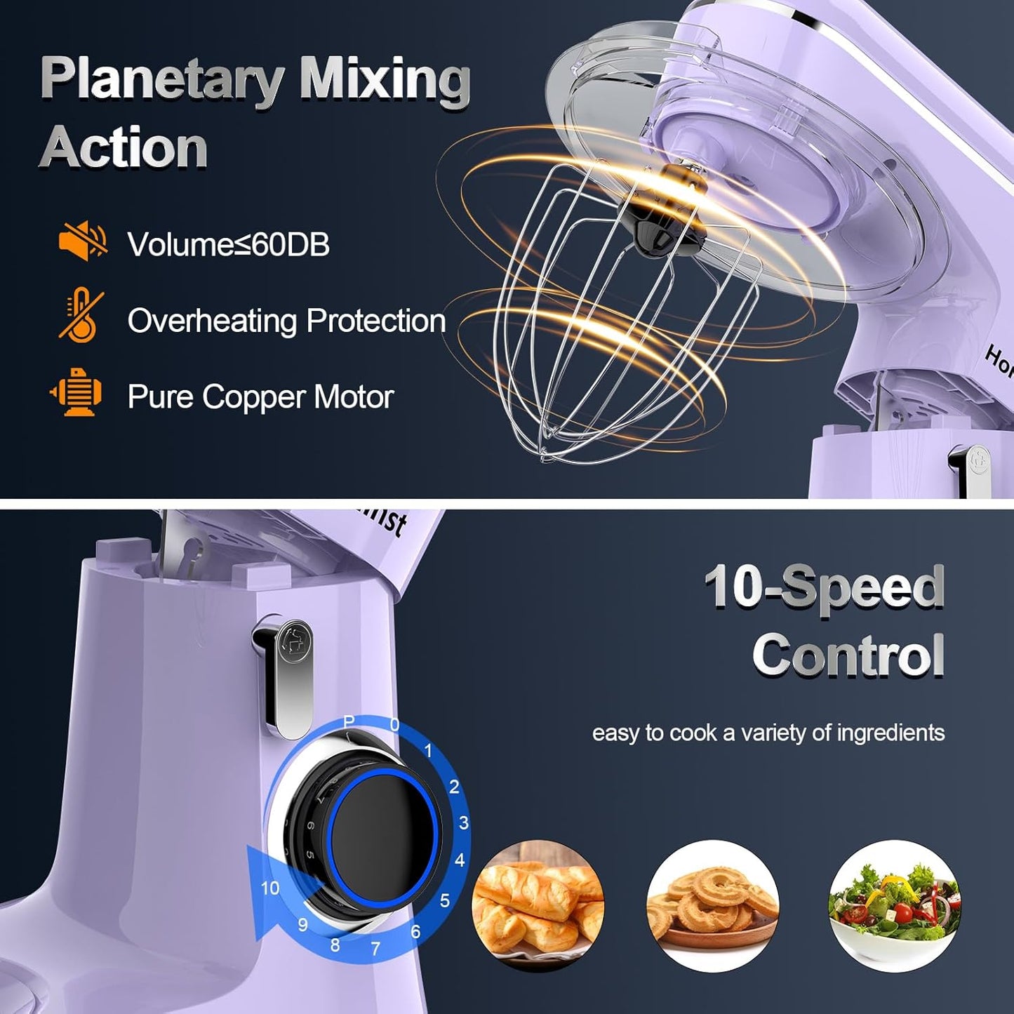 Honinst Stand Mixer, 6.5QT 10-Speed Tilt-Head Electric Stand Mixer, 3-In-1 Kitchen Mixer with Bowl, Dough Hook, Whisk and Beater, Food Mixer for Baking, Cake and Most Home Cooks, Black