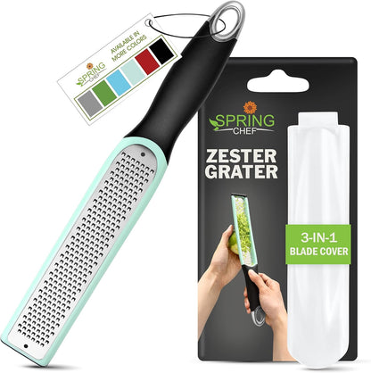 Spring Chef Premium Lemon Zester Grater with Handle - Fruits, Garlic, Chocolate, Nutmeg, Ginger Grater - Heavy Duty Kitchen Tool - Stainless Steel Citrus Zester with Blade Cover - Fine Shred, Black