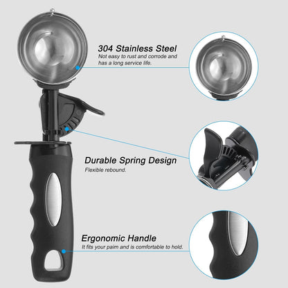 PATIKIL 4 Ounce Ice Cream Scoop with Trigger, Stainless Steel Portion Cookie Scoop with Thumb Trigger for Cookie Dough Cupcake Batter Baking, Silver Black
