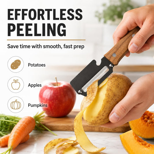 Premium Vegetable Peeler with Ergonomic Wooden Handle & Built-in Bottle Opener - Professional Stainless Steel Blade for Potato, Apple, Pumpkin - Multi-functional Kitchen Tool for Effortless Peeling