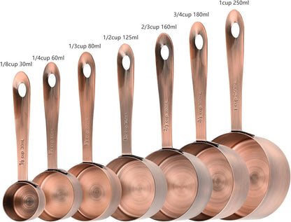 Copper Measuring Cups and Spoons Set, Stainless Steel Measuring Cups and Spoons Set 12, Metal Measuring Cups Set, 5 Measuring Cup Set and 6 Copper Measuring Spoons &Leveler for Kitchen