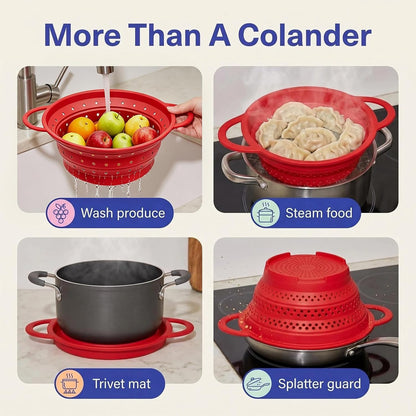 Collapsible Silicone Colander Strainer for Kitchen, Steel Rim Stable Foldable Strainer, BPA-Free Microplastic-Free,Heat-Resistant Steamer Basket, Stores Flat, Dishwasher Safe, Red