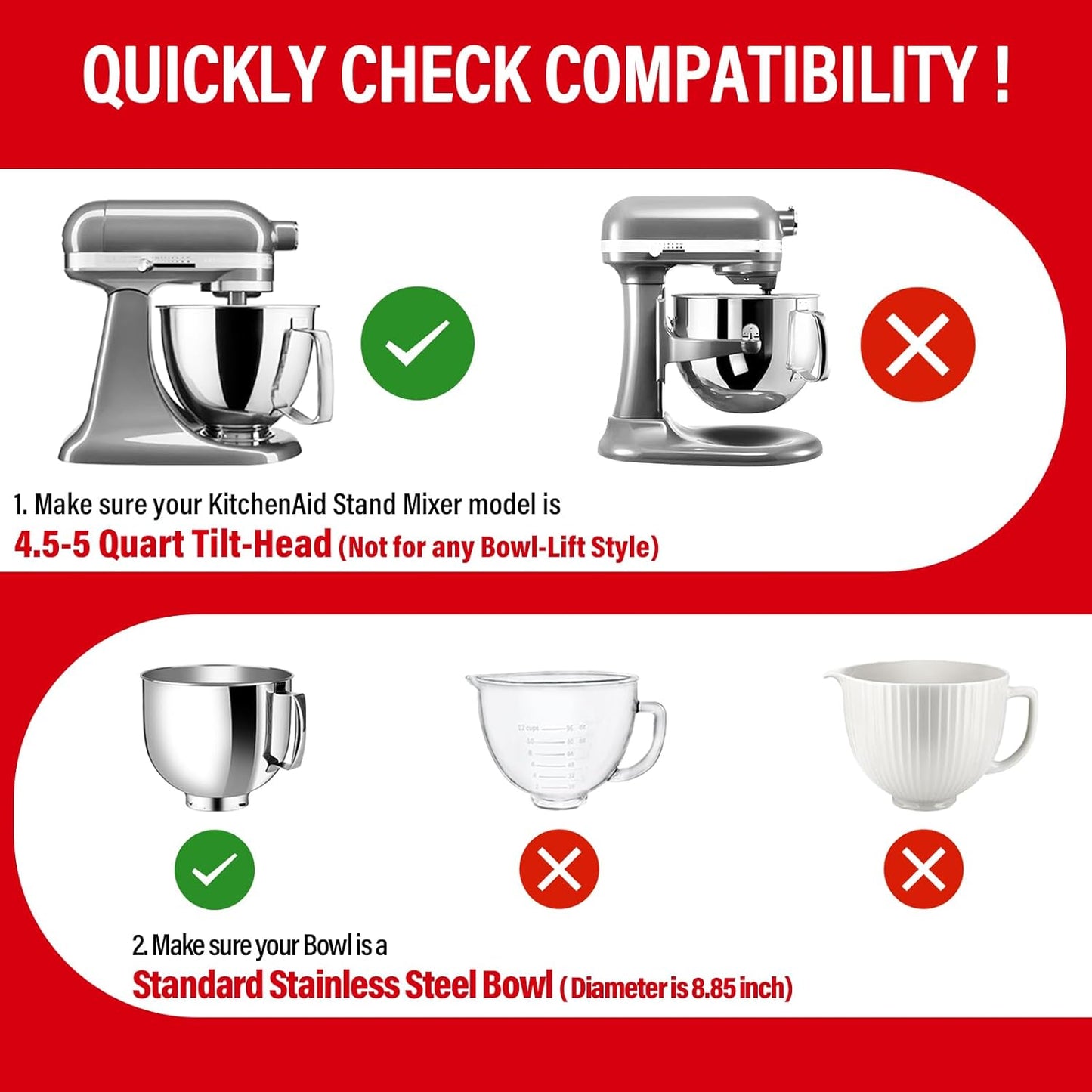 Pouring Shield for KitchenAid Tilt Head 4.5-5 QT (for Stainless Steel Bowls Only), for Kitchen aid Accessories and Attachments, Fully Enclosed Foldable Lid Mixer Bowl Cover & Flour Funnel