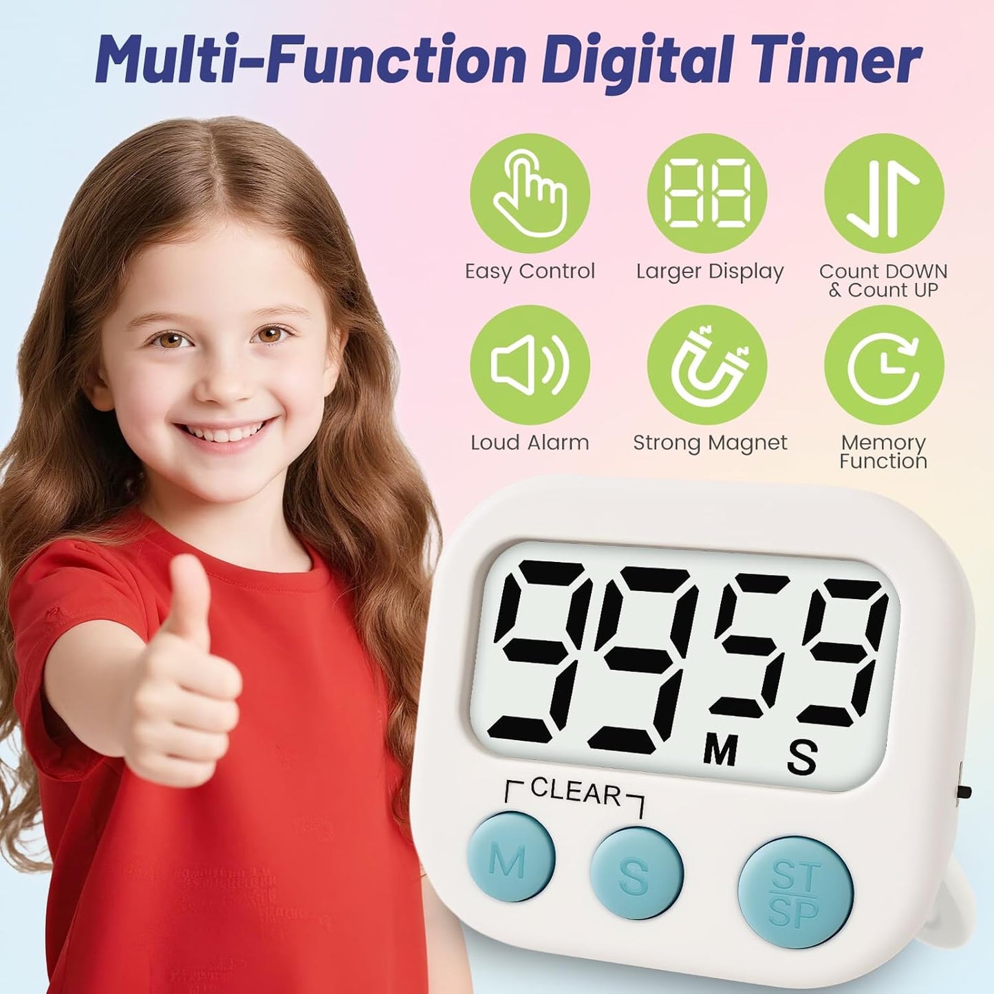 2 Pcs Digital Timer for Kids, Magnetic Countdown Kitchen Timer, Upgrade Loud Alarm Timers for Cooking, Kitchen, Exercise, Work, Study, Classroom, Outdoor Activities, Battery not Including