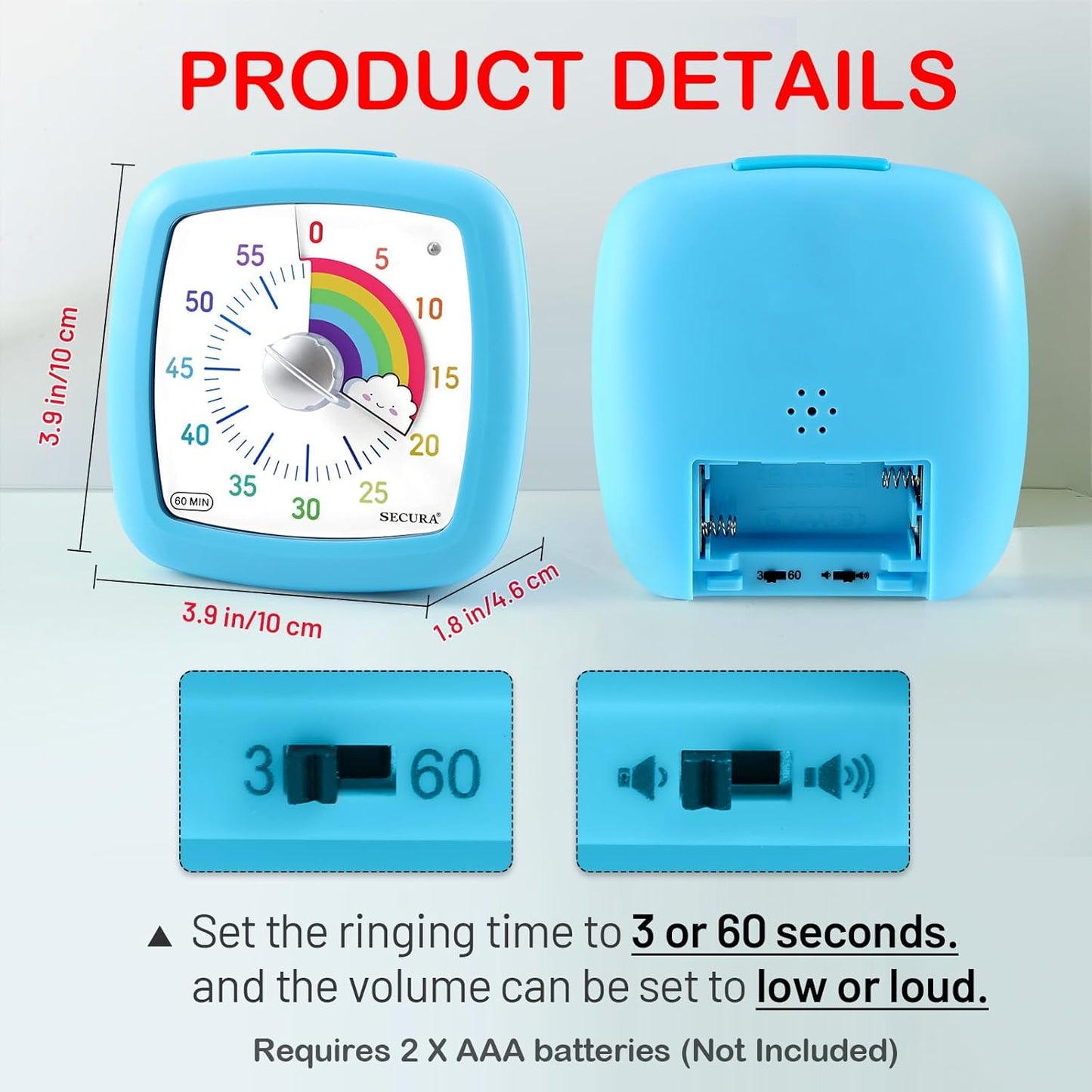 Secura 60-Minute Visual Timer, Silent Study Timer for Kids and Adults, Time Clocks, Time Management Countdown Timer for Teaching (Navy Blue & Navy Blue)