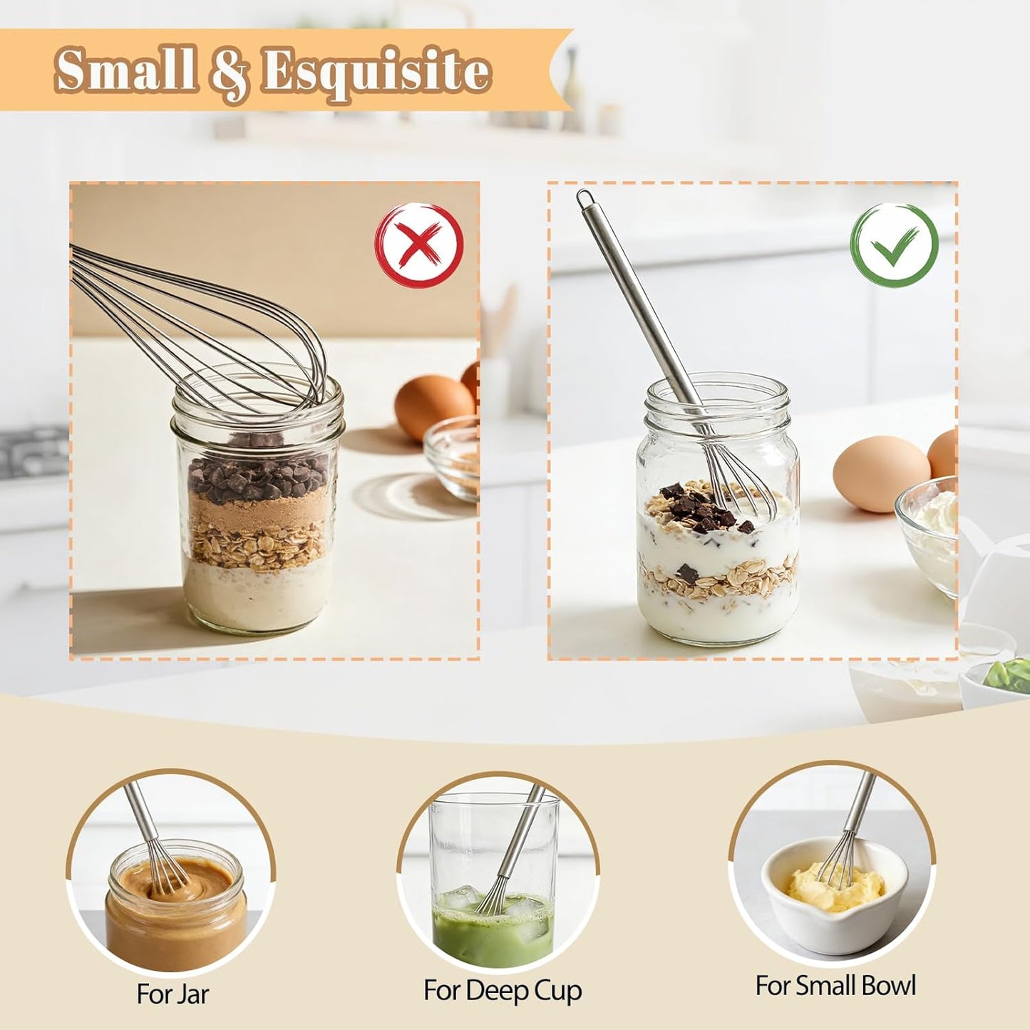 Whisks for Cooking, 3 Pack Mini Whisk for Whisking, 7"+9"+11" Tiny Stainless Steel Wire Whisk Set for Baking, Blending Eggs & Sauces, Heavy Duty Rust Proof