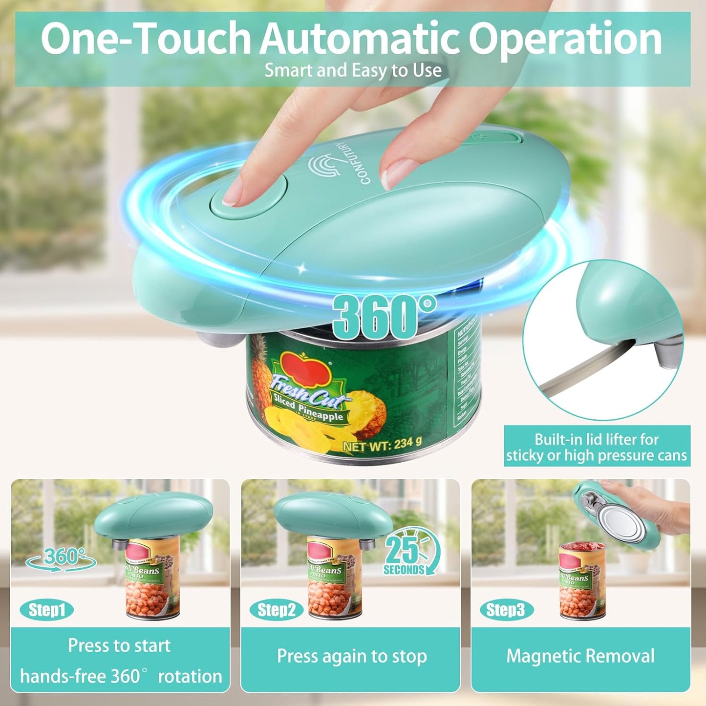 Can Opener Electric - Upgraded One-Touch Automatic, Smooth Edge, USB-C Rechargeable, Perfect for Seniors (Black)