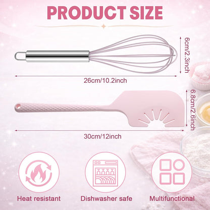 Didaey 2 Pack Silicone Kitchen Utensils - 12'' Silicone Spatula Scraper & Whisk, Compatible with Flat Beaters, Hand Mixer Beaters, Whisks, Dough Hooks for Baking, Mixing, Scraping(Pink)