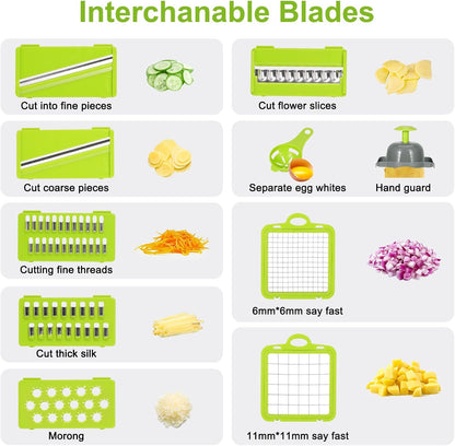 Vegetable Chopper with Container and Lid Multifunctional 14 in 1, Professional Veggie Chopper, Non Slip Durable Kitchen Chopper Vegetable Cutter, Mandoline Food Chopper With 8 Blades
