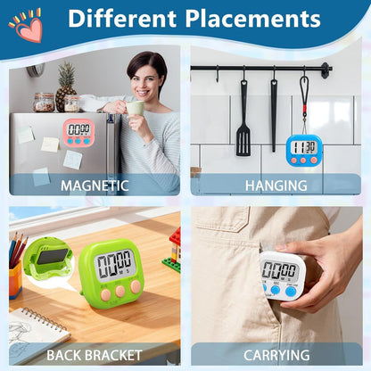 12 Pack Digital Kitchen Timers for Cooking, Loud Alarm Large LCD Display Magnetic Classroom Timers for Teachers Kids, Extensively Use in Classroom, Cooking, Meeting, Gym