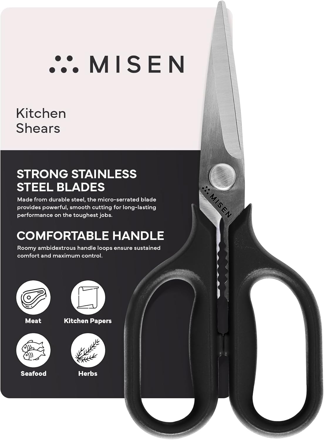 Misen Heavy Duty Kitchen Shears - Stainless Steel, Versatile and Easy Clean Scissors for Meat, Herbs and Veggies - Ambidextrous Comfort Handle - Professional Grade - Black