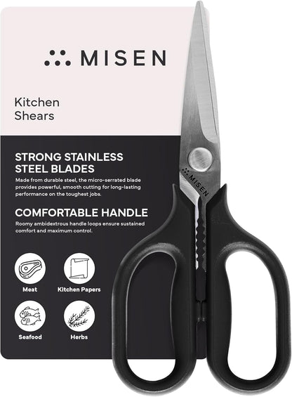 Misen Heavy Duty Kitchen Shears - Stainless Steel, Versatile and Easy Clean Scissors for Meat, Herbs and Veggies - Ambidextrous Comfort Handle - Professional Grade - Black