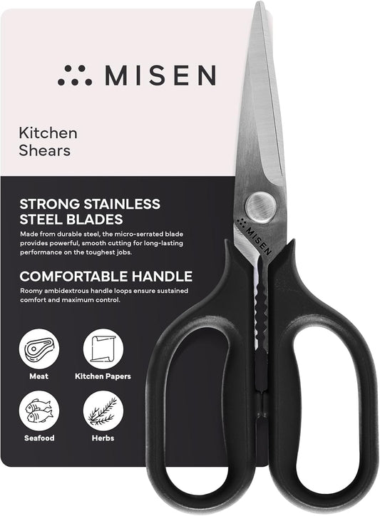 Misen Heavy Duty Kitchen Shears - Stainless Steel, Versatile and Easy Clean Scissors for Meat, Herbs and Veggies - Ambidextrous Comfort Handle - Professional Grade - Black