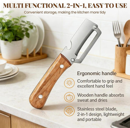 Multifunctional Vegetable Peeler, Premium Vegetable Peeler with Wooden Handle＆bottle Opener, Stainless Steel Blade Peeler for Kitchen, Non-slip Ergonomic Design