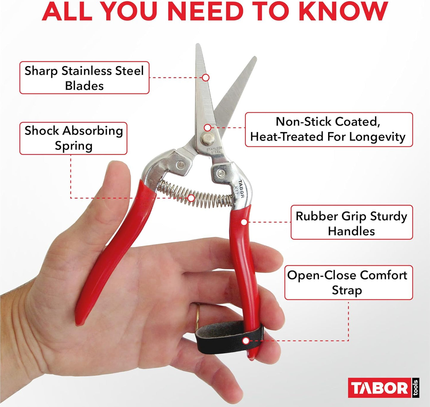 TABOR TOOLS K7A Straight Pruning Shears with Carbon Steel Blades, Florist Scissors, Multi-Tasking Garden Snips for Arranging Flowers, Trimming Plants and Harvesting Herbs, Fruits or Vegetables.