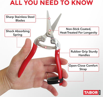TABOR TOOLS K7A Straight Pruning Shears with Carbon Steel Blades, Florist Scissors, Multi-Tasking Garden Snips for Arranging Flowers, Trimming Plants and Harvesting Herbs, Fruits or Vegetables.