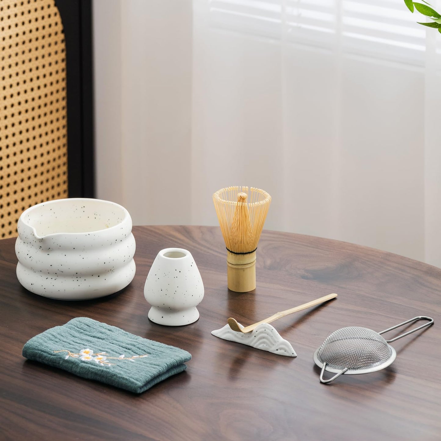 7Pcs Japanese Matcha Tea Set, Matcha Kit with Matcha Bowl (with Pouring Spout), Matcha Whisk, Whisk Holder, Strainer - Elegant Matcha Set for Gifting and Personal Use, Gift Box Packaging