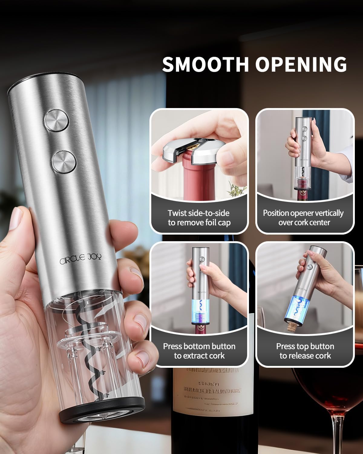 CIRCLE JOY Electric Wine Opener Stainless Steel Rechargeable Automatic Wine Bottle Opener Set 7-in-1 Wine Gifts for Wine Lovers with Charging Base, Foil Cutter, Wine Aerator Pourer & 2 Vacuum Stoppers