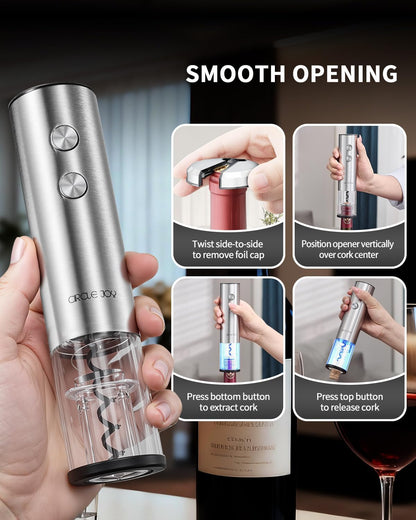 CIRCLE JOY Electric Wine Opener Stainless Steel Rechargeable Automatic Wine Bottle Opener Set 7-in-1 Wine Gifts for Wine Lovers with Charging Base, Foil Cutter, Wine Aerator Pourer & 2 Vacuum Stoppers