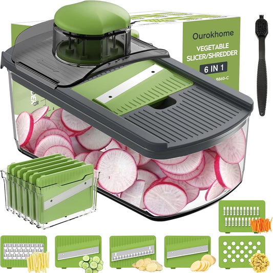 Ourokhome Mandolin Slicer with Handheld Spiralizer, Hand Safe Vegetable Shredder with 6 Mandoline Blades, Veggie Waffle Cutter for Potato, Carrot, Zucchini, Essential Kitchen Gadgets (10 in 1, Gray)