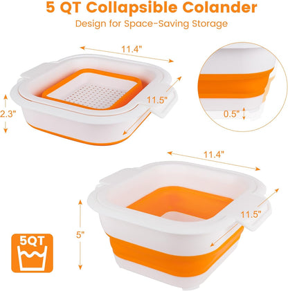 ROTTOGOON Collapsible Colander Set with Strainer Bowl, 2 in 1 Fruit Washing Basket with Strainer, 5 + 3 QT Plastic Colanders for Kitchen, Foldable Double Layered Colanders Bowl for Vegetable, Grey