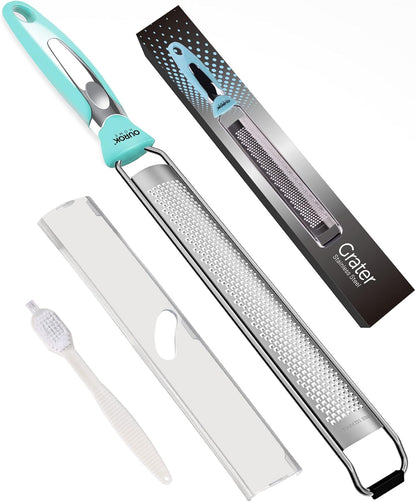 Ourokhome Kitchen Lemon Zester, Stainless Steel Hand Held Parmesan Cheese Grater for Ginger, Chocolate, Coconut, Lime, Nutmeg, Citrus, Fruit, Vegetable with Cleaning Brush, Dishwasher safe, Blue
