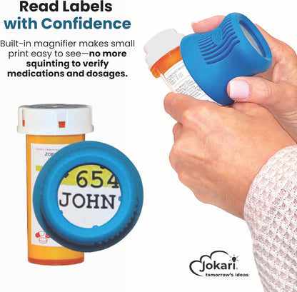 Jokari Easy Open Medicine Bottle Opener with 4x Magnifier for Seniors and Arthritis Built-in Cap Grip Tool for Pill Bottles Prescription Labels Vitamins and Supplements