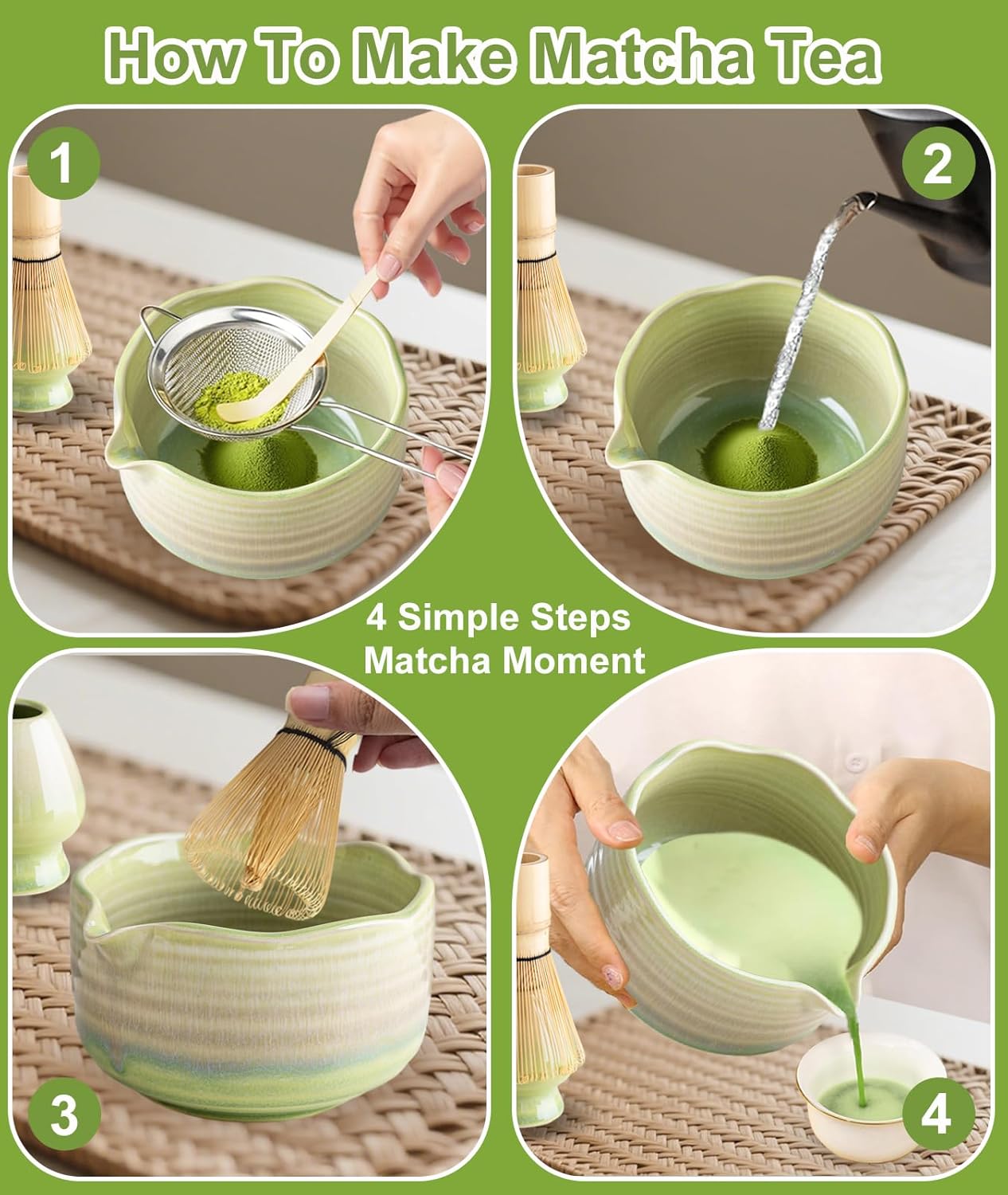 JBER Matcha Whisk Set, Ceramic Matcha Set Includes Bowl & Holder, Bamboo Whisk (Chasen), Sifter, Scoop, Spoon & Rest - 7PCS Matcha Kit Gift for Matcha Lovers & Beginners, Gradient Pink