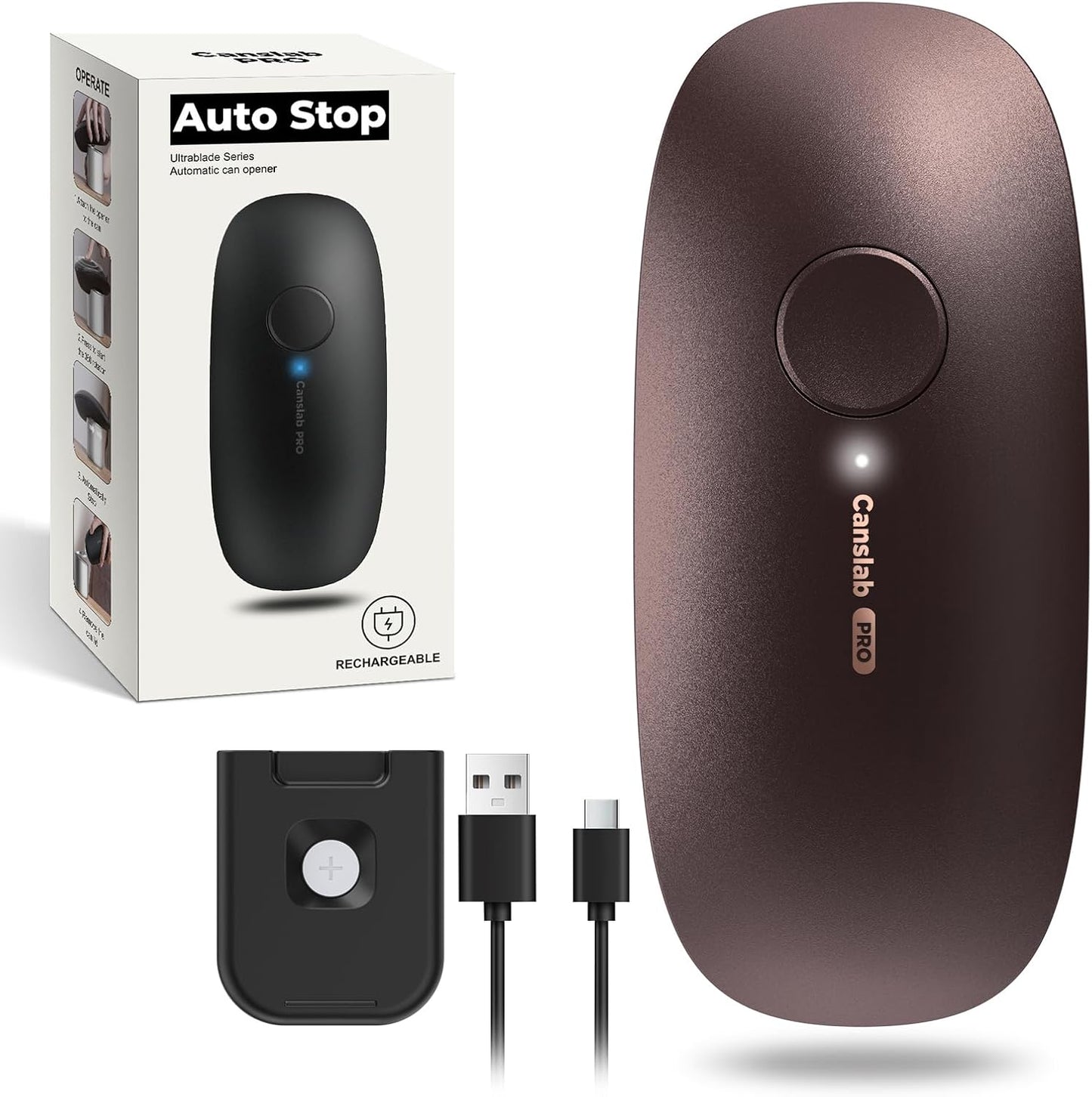 Canslab Ultrablade PRO Auto Stop Can Opener - Rechargeable Electric Can Opener for Kitchen for Seniors with Arthritis - One Touch Side Cut Opener, Smooth Edge, Handfree, Wall Mounted Small Size, Black