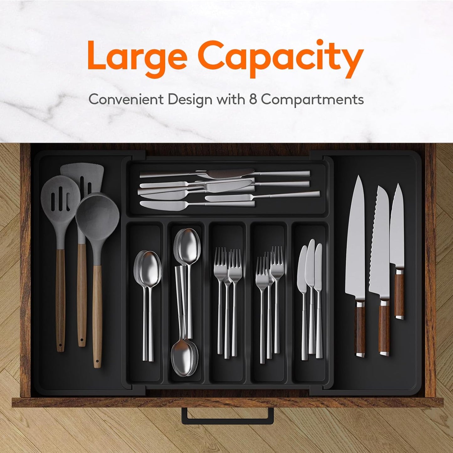 Lifewit Silverware Drawer Organizer, Expandable Utensil Tray for Kitchen, BPA Free Flatware and Cutlery Holder, Adjustable Plastic Storage for Spoons Forks Knives, 11-18 x 14", Black