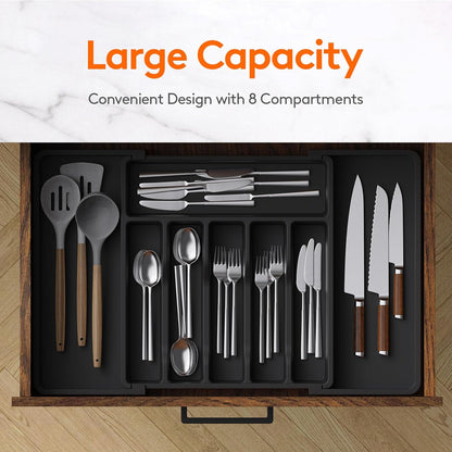 Lifewit Silverware Drawer Organizer, Expandable Utensil Tray for Kitchen, BPA Free Flatware and Cutlery Holder, Adjustable Plastic Storage for Spoons Forks Knives, 11-18 x 14", Black