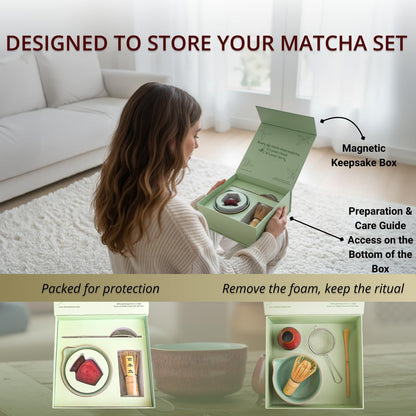 Premium Matcha Whisk Set – 5 Piece Japanese Tea Ceremony Kit | Spouted Ceramic Bowl, Bamboo Whisk, Holder, Scoop, Sifter – Essentials for Smooth Matcha Preparation - Magnetic Gift Box