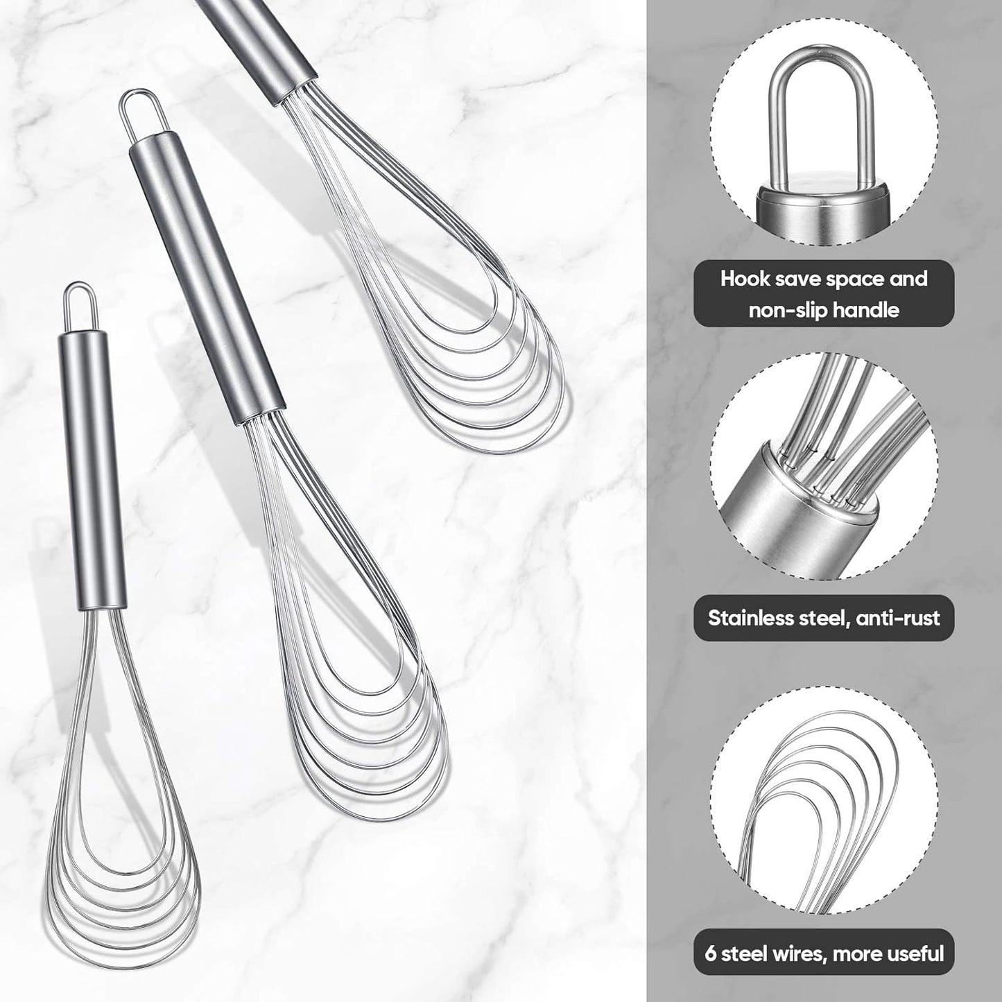 Patelai 3 Pieces Stainless Steel Kitchen Flat Whisk Set Stainless Steel Flat Wire Egg Utensils Whisk for Cooking Blending Whisking Beating(8 Inch,10 Inch,11.6 Inch)