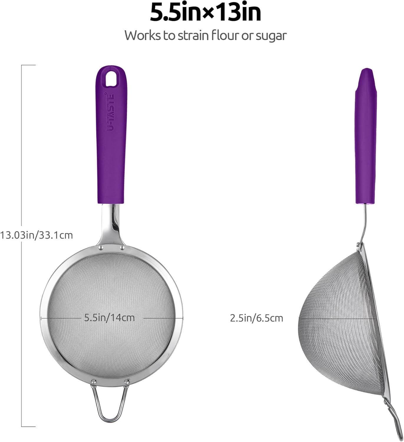 18/8 Stainless Steel Mesh Strainer: U-Taste 5.5 Inch Kitchen Fine Mesh Sieve Food Colander with Riveted Sturdy Silicone Handle and 30 Mesh Hole for Straining Flour, Pasta, Fruit, Quinoa(Aqua Sky)