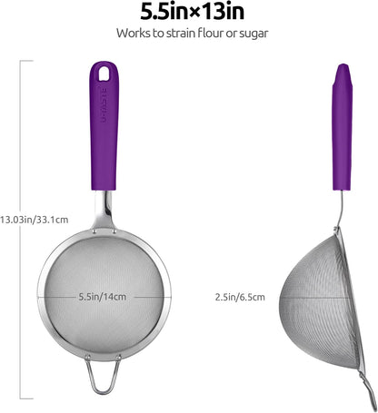 18/8 Stainless Steel Mesh Strainer: U-Taste 5.5 Inch Kitchen Fine Mesh Sieve Food Colander with Riveted Sturdy Silicone Handle and 30 Mesh Hole for Straining Flour, Pasta, Fruit, Quinoa(Aqua Sky)