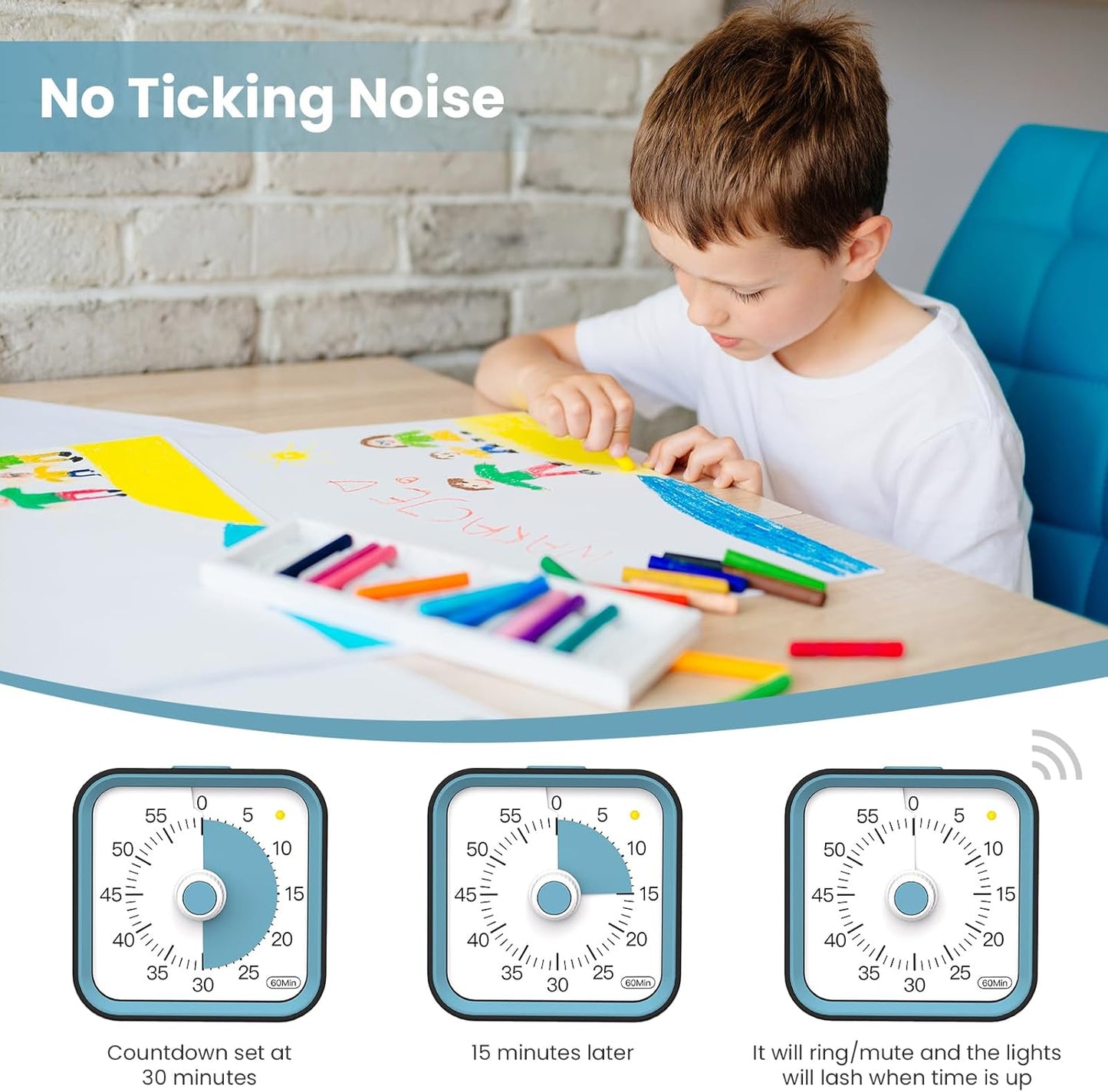 Visual Timer for Kids with Pause Function, 60 Minute Countdown Timer for Kids Desk Study, Teaching, Kitchen Cooking, Office Meetings, Time Management for ADHD (White)