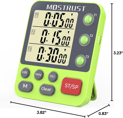 Digital Dual Kitchen Timer, 3 Channels Triple Countdown Timer for Cooking, Magnetic Memory-Preset Large Display Adjustable Volume, Multi Time Management, 3A Battery Included, Black
