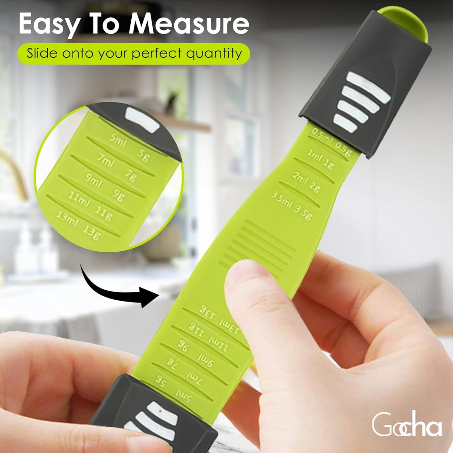 GOCHA Double-Ended Adjustable Measuring Spoon - 9-in-1 Kitchen Tool with Precision Scales (0.5-13ml/g) - Space-Saving Design for Dry & Liquid Ingredients (Black Green)