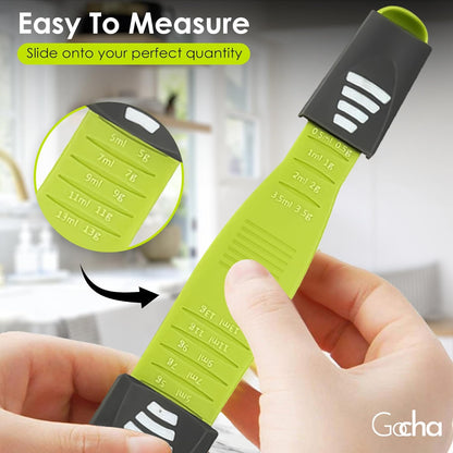 GOCHA Double-Ended Adjustable Measuring Spoon - 9-in-1 Kitchen Tool with Precision Scales (0.5-13ml/g) - Space-Saving Design for Dry & Liquid Ingredients (Black Green)